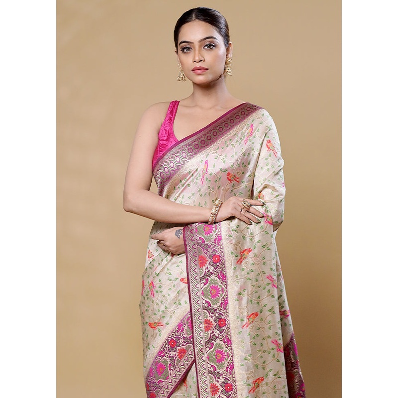 White Dupion Silk Saree With Blouse Piece - JD986605945