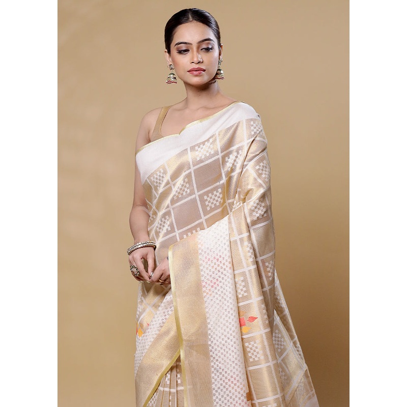 White Net Saree With Blouse Piece - JD986605944