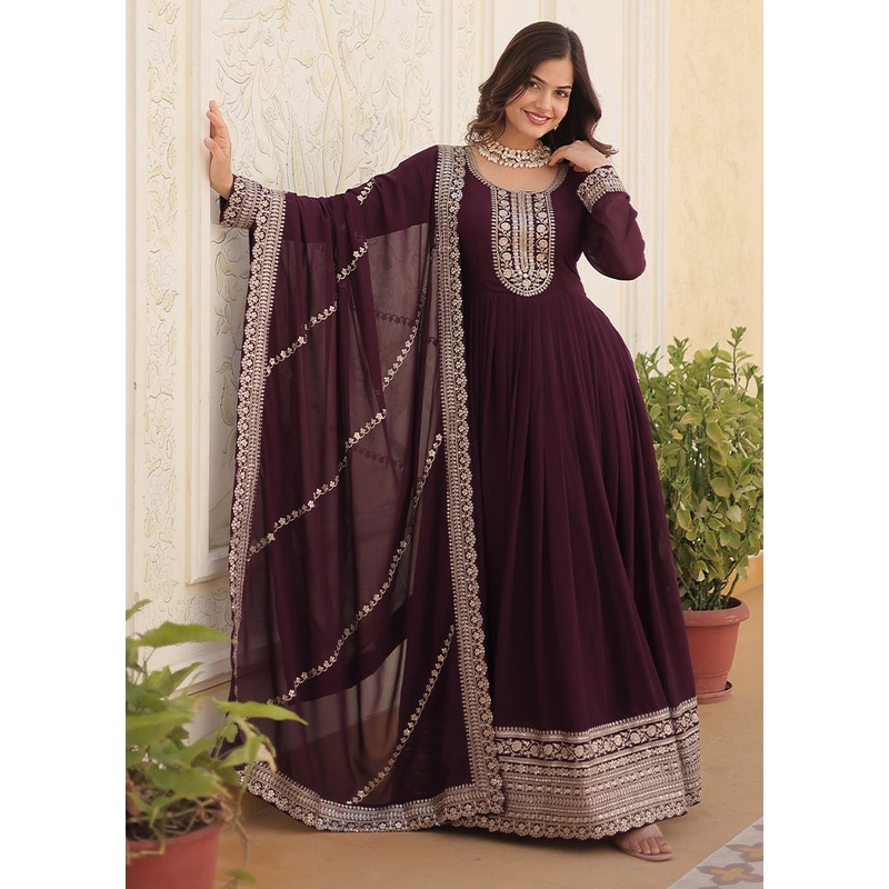 Wine Readymade Georgette Dupatta Indian Dress - JD986606072