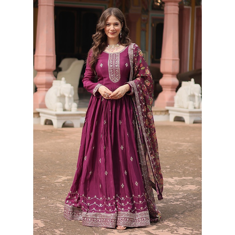 Wine Readymade Silk Dupatta Indian Dress - JD986606070