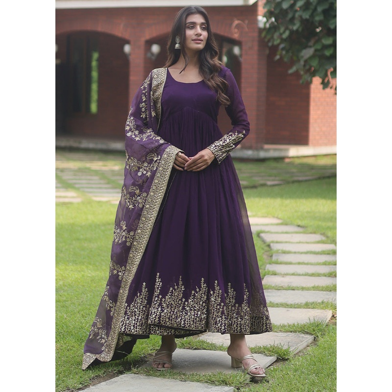 Wine Readymade Silk Dupatta Indian Dress - JD986606071
