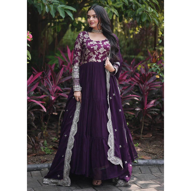 Wine Readymade Viscose Dupatta Indian Dress - JD986606069