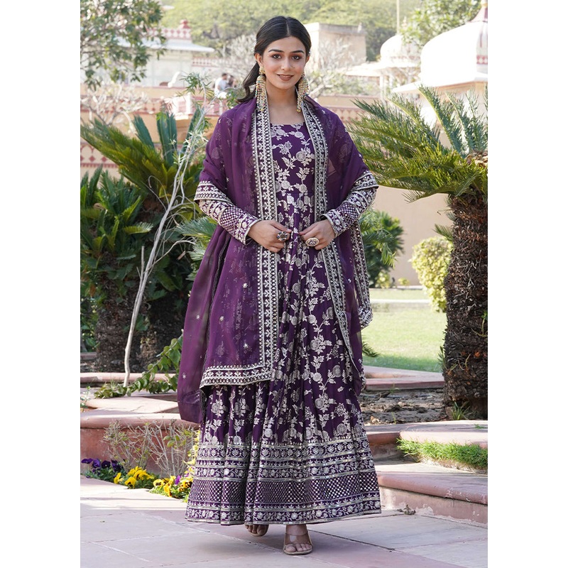 Wine Readymade Viscose Indian Dress - JD986606068
