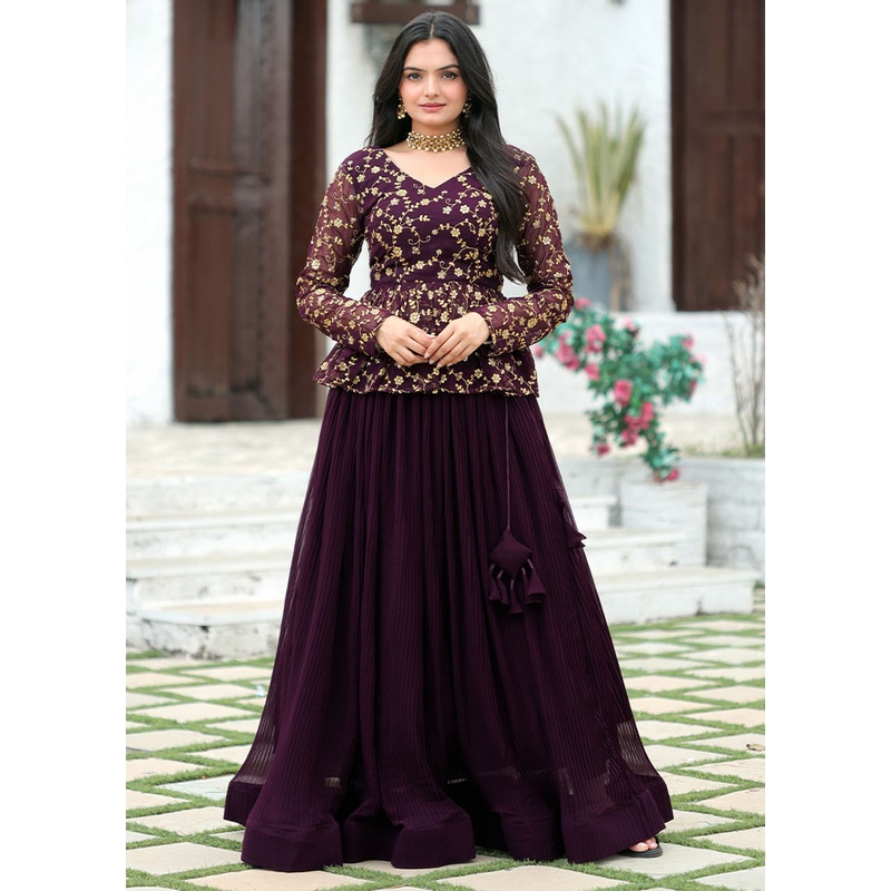Wine Silk Readymade Lehenga Set - JD986605930