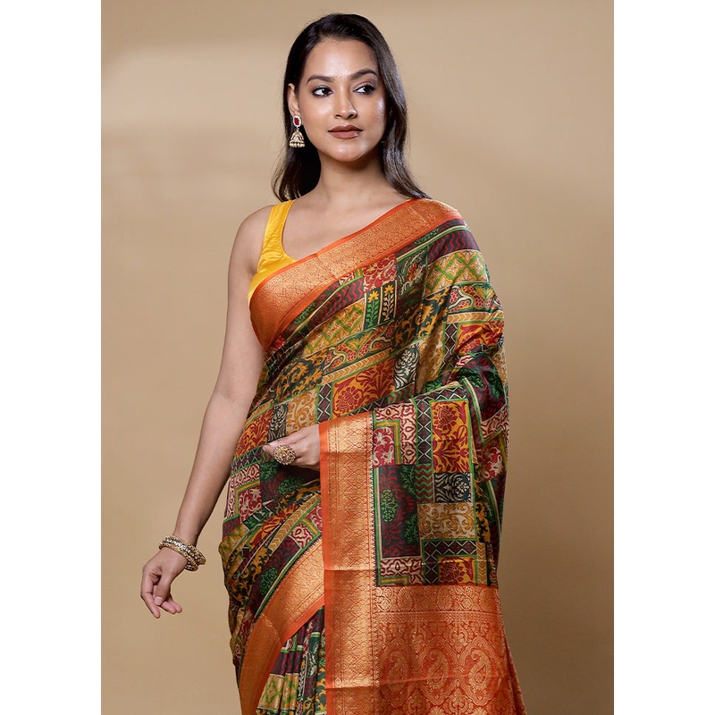 Yellow Printed Pure Silk Saree Without Blouse Piece - JD986606033