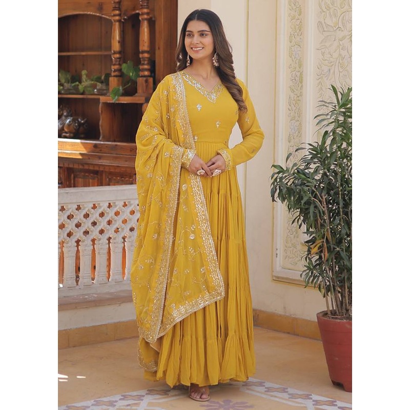 Yellow Readymade Georgette Dupatta Indian Dress - JD986606067