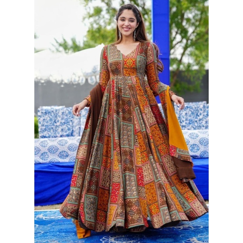 Yellow Readymade Silk Dupatta Indian Dress - JD986605990