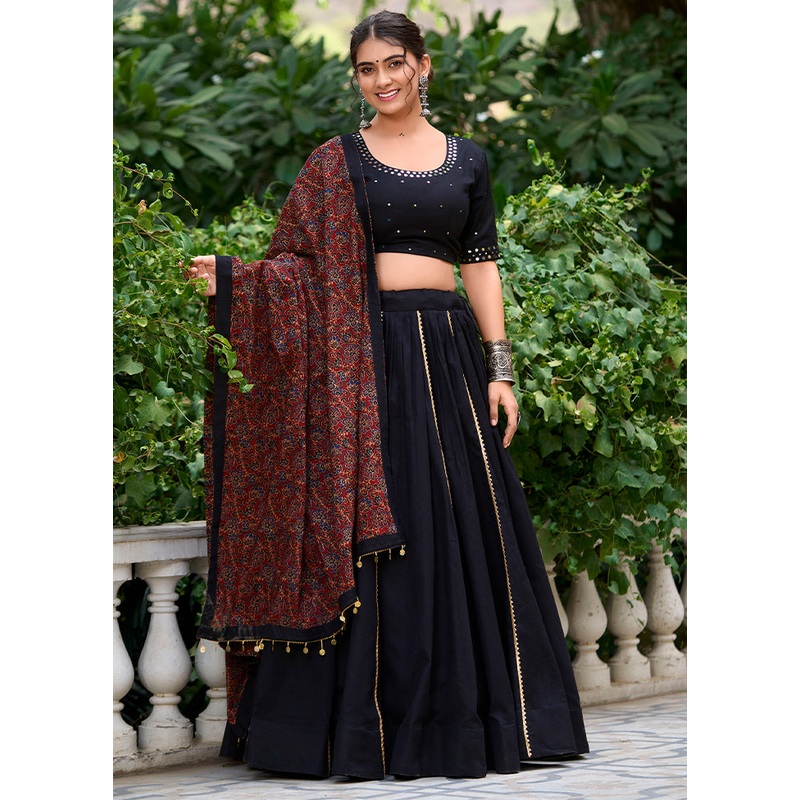 3 Pc Black Pure Cotton Semi Stitched Lehenga Set - JD986605689