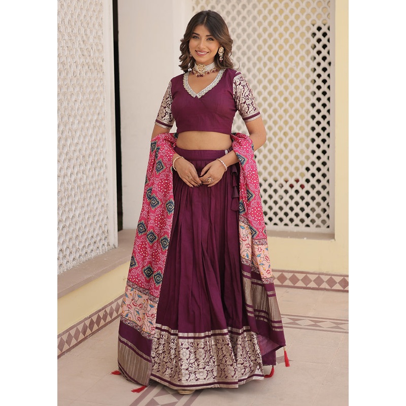 3 Pc Wine Viscose Semi Stitched Lehenga Set - JD986605887