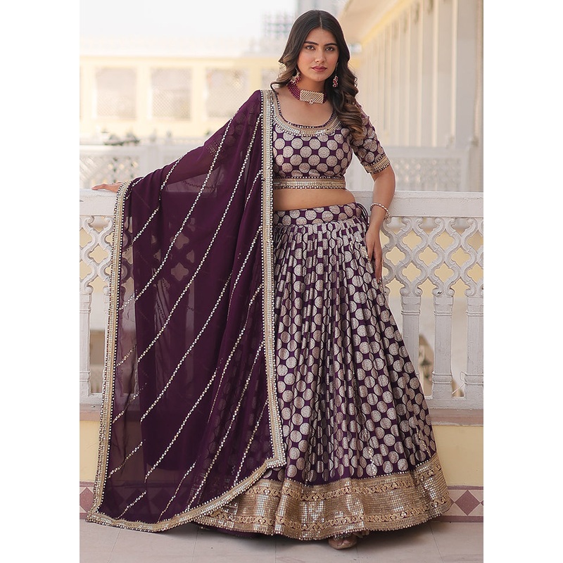 3 Pc Wine Viscose Semi Stitched Lehenga Set - JD986605888