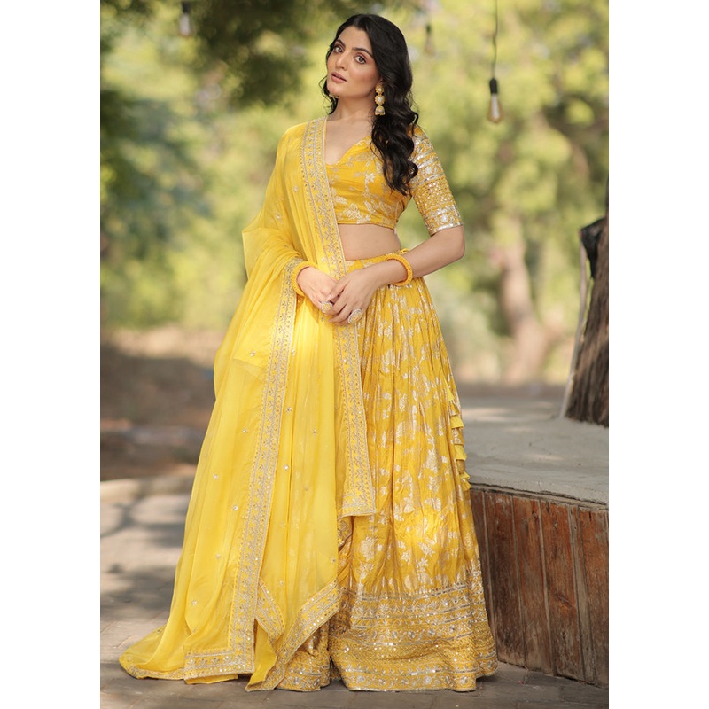 3 Pc Yellow Pure Viscose Semi Stitched Lehenga Set - JD986605886