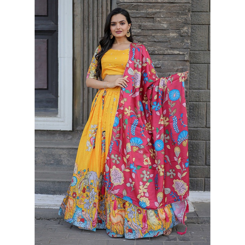 3 Pc Yellow Silk Semi Stitched Lehenga Set - JD986605885