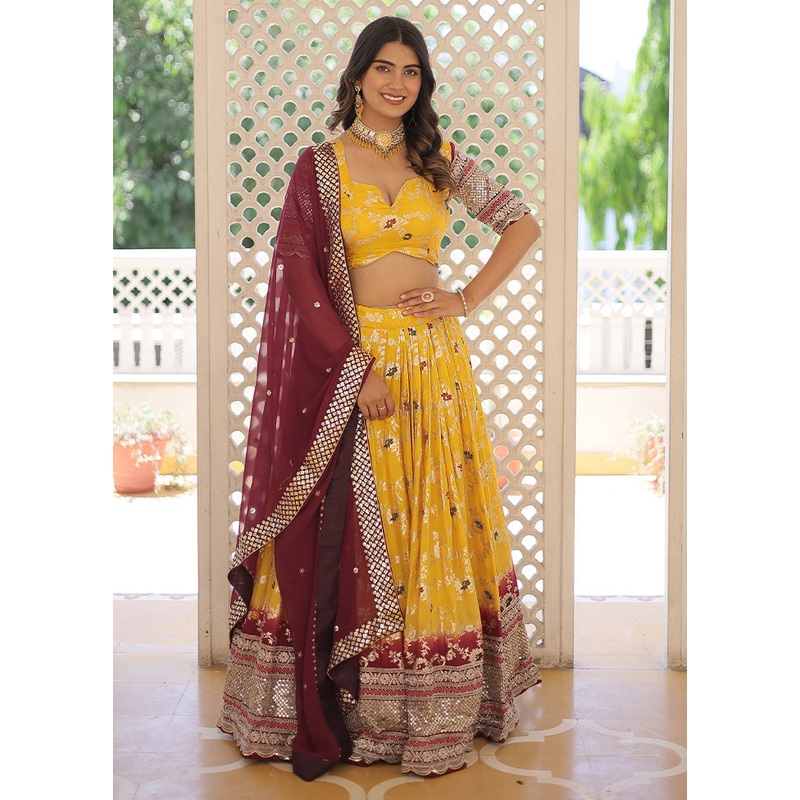 3 Pc Yellow Viscose Semi Stitched Lehenga Set - JD986605884