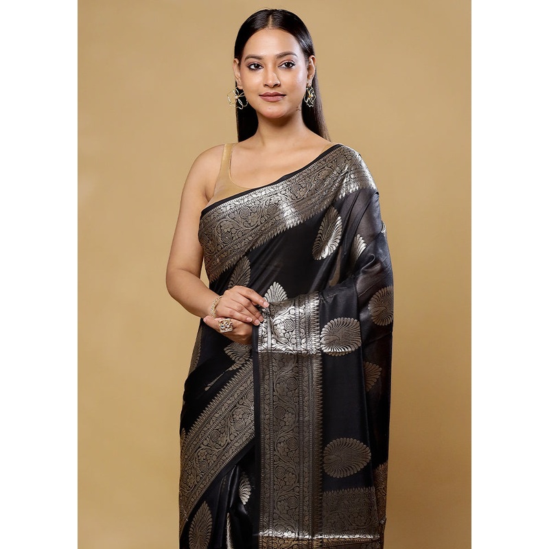 Black Cotton Saree With Blouse Piece - JD986605773