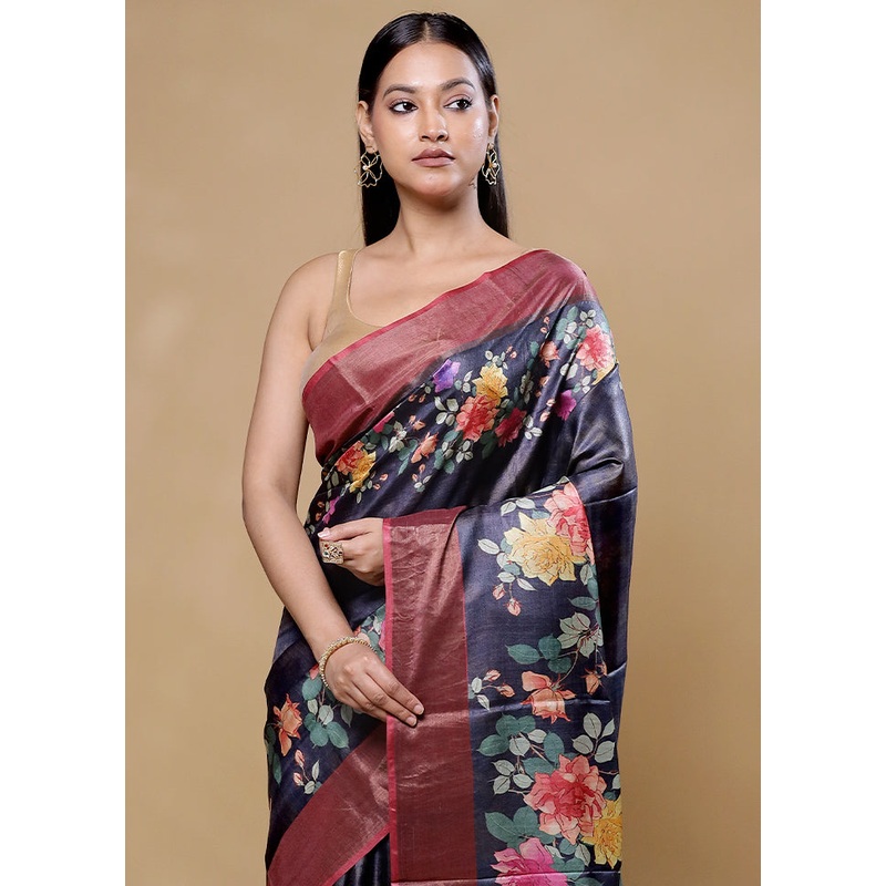 Black Handloom Tussar Pure Silk Saree With Blouse Piece - JD986605772