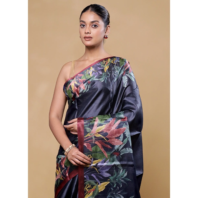 Black Handloom Tussar Pure Silk Saree With Blouse Piece - JD986605848