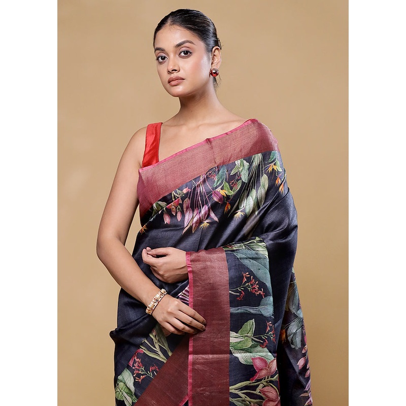 Black Handloom Tussar Pure Silk Saree With Blouse Piece - JD986605849