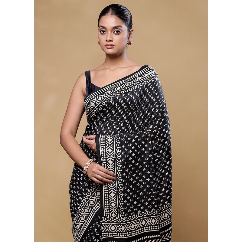 Black Pure Bishnupuri Silk Saree Without Blouse Piece - JD986605847
