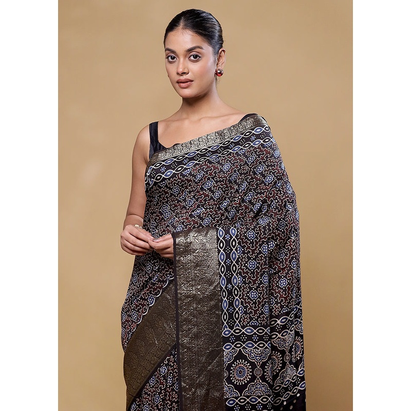 Black Pure Modal Silk Saree Without Blouse Piece - JD986605846