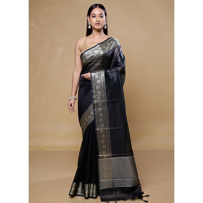 Black Tissue Silk Saree With Blouse Piece - JD986605771
