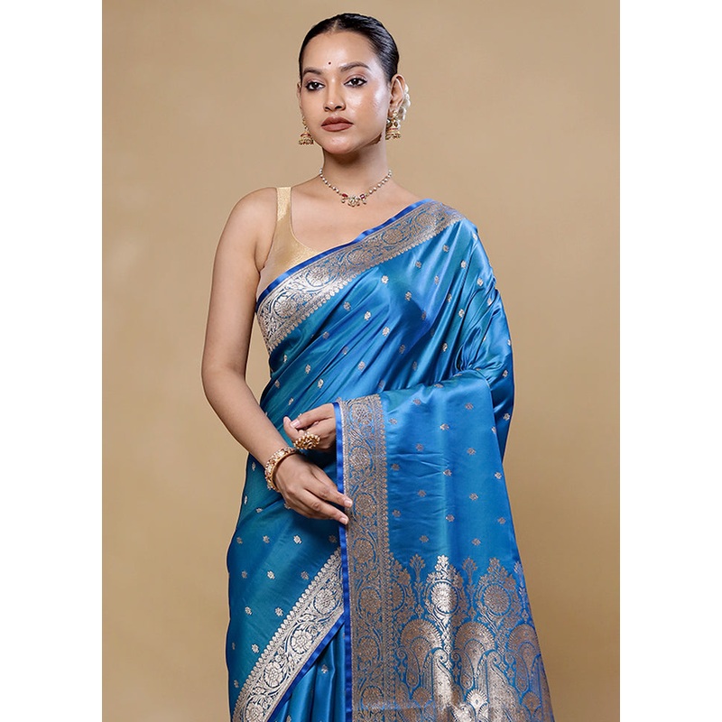 Blue Banarasi Silk Saree With Blouse Piece - JD986605769