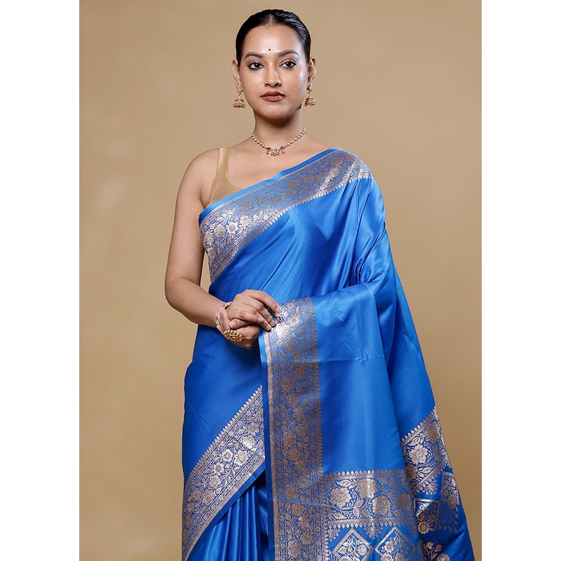 Blue Banarasi Silk Saree With Blouse Piece - JD986605770