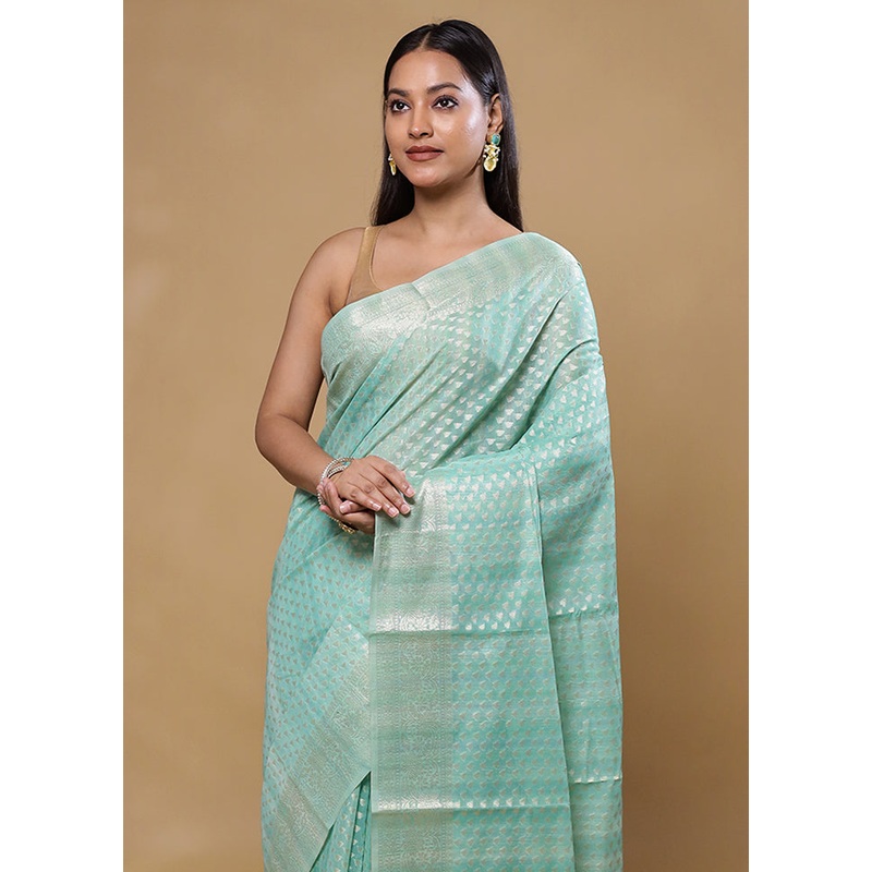 Blue Cotton Saree With Blouse Piece - JD986605791