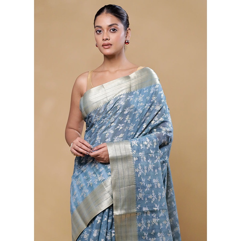 Blue Cotton Saree With Blouse Piece - JD986605844
