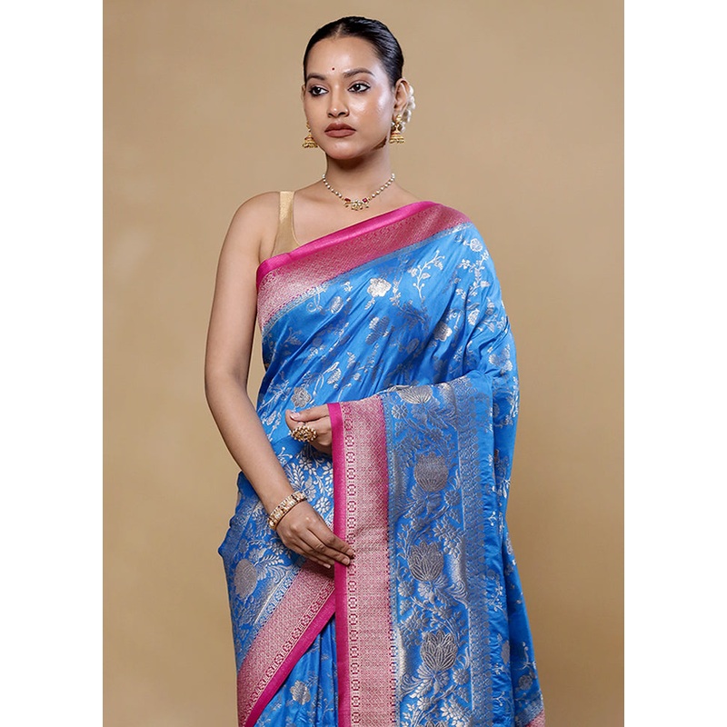 Blue Dupion Silk Saree With Blouse Piece - JD986605767