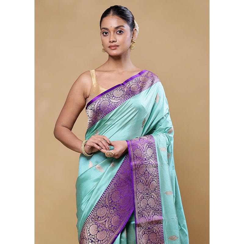 Blue Handloom Katan Pure Silk Saree With Blouse Piece - JD986605841