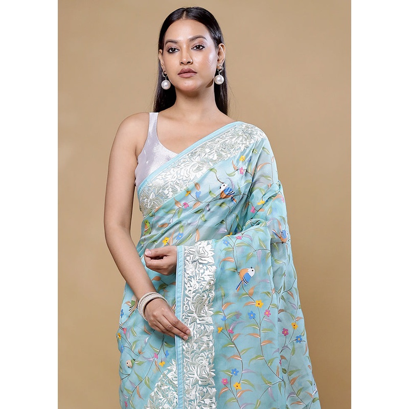 Blue Handloom Pure Organza Saree With Blouse Piece - JD986605766