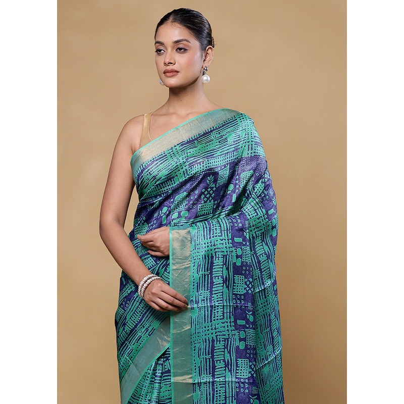 Blue Handloom Tussar Pure Silk Saree With Blouse Piece - JD986605839