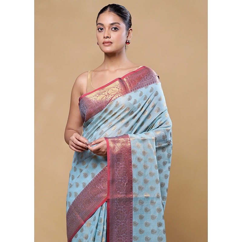 Blue Kora Silk Saree With Blouse Piece - JD986605837