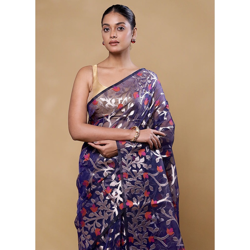 Blue Organza Saree With Blouse Piece - JD986605835