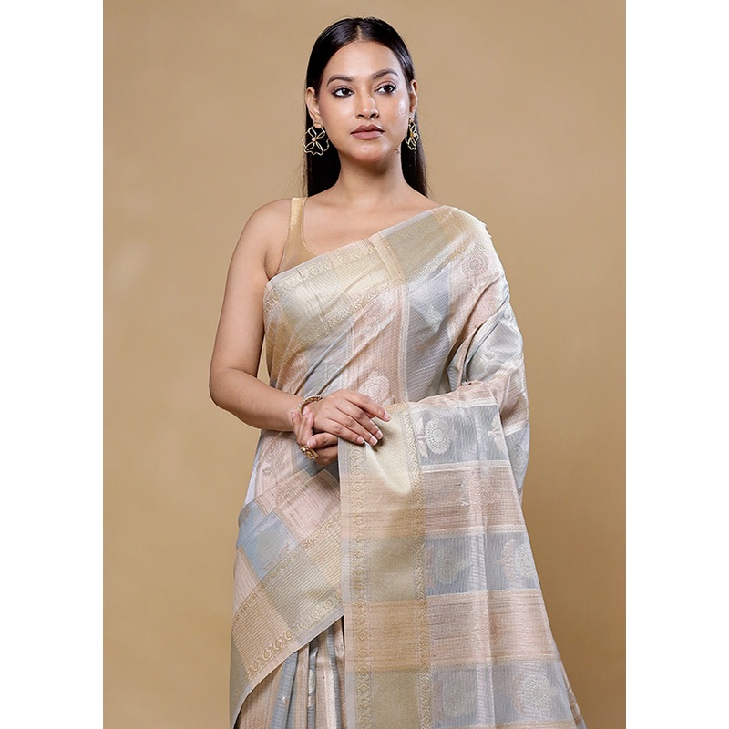 Blue Tissue Silk Saree With Blouse Piece - JD986605761