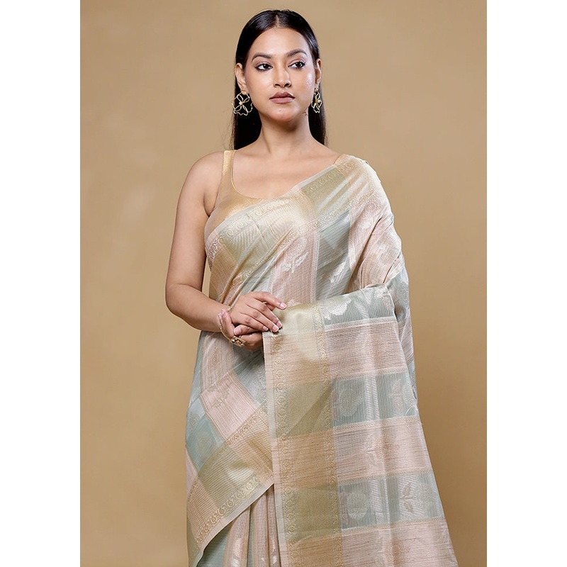Blue Tissue Silk Saree With Blouse Piece - JD986605762