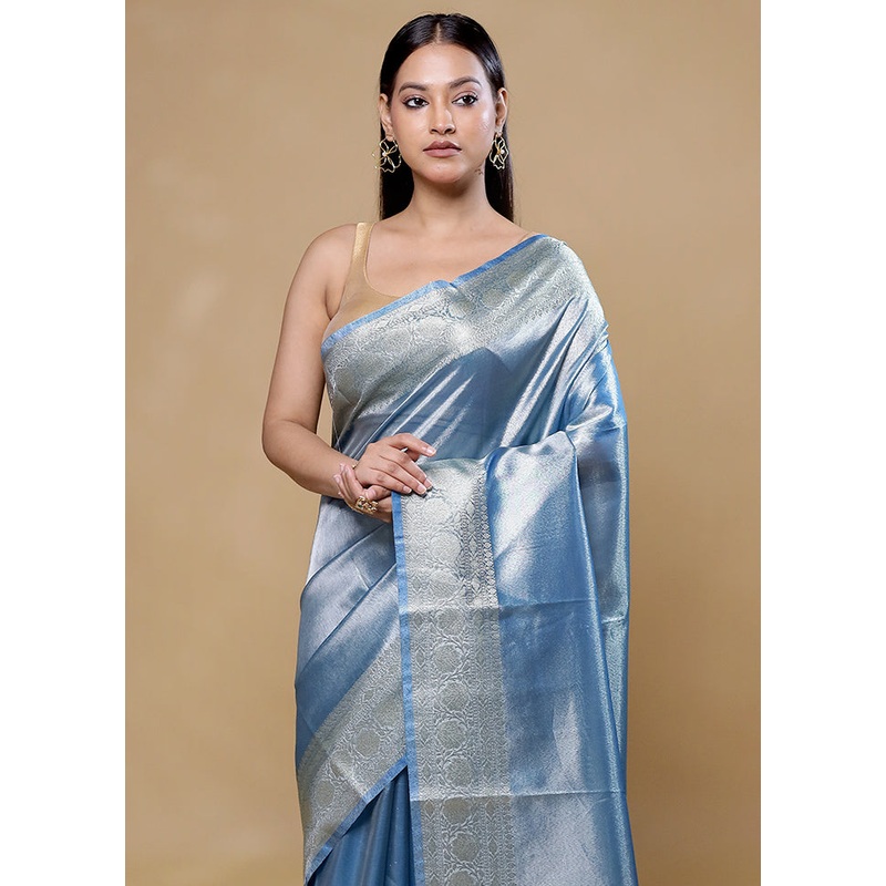 Blue Tissue Silk Saree With Blouse Piece - JD986605763
