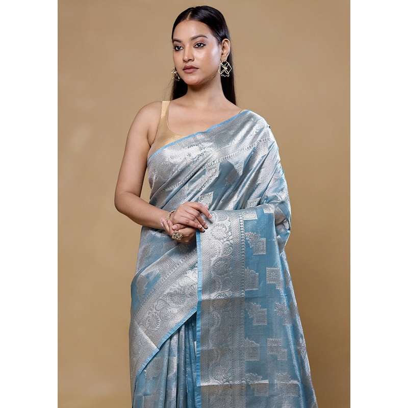 Blue Tissue Silk Saree With Blouse Piece - JD986605764