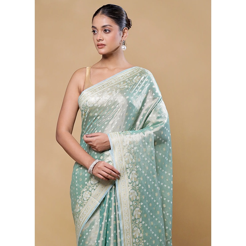 Blue Tissue Silk Saree With Blouse Piece - JD986605834