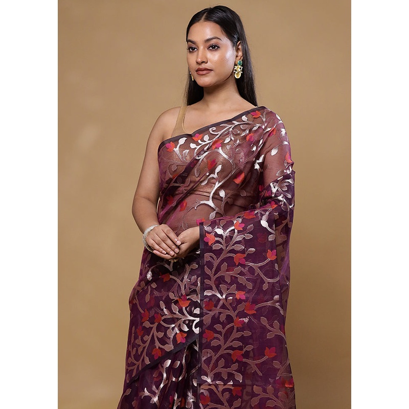 Brown Organza Saree With Blouse Piece - JD986605788