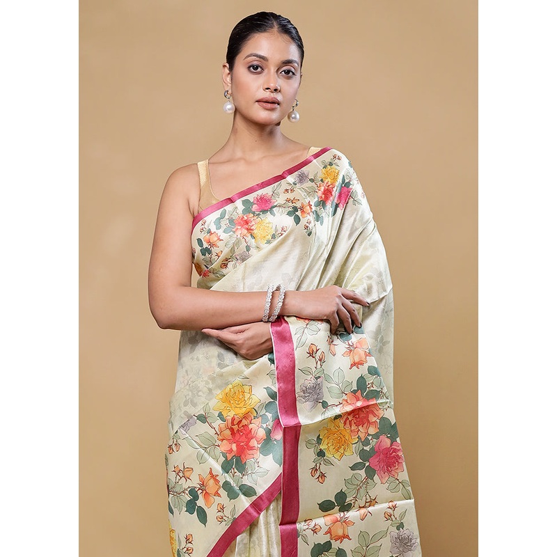 Cream Handloom Tussar Pure Silk Saree With Blouse Piece - JD986605829