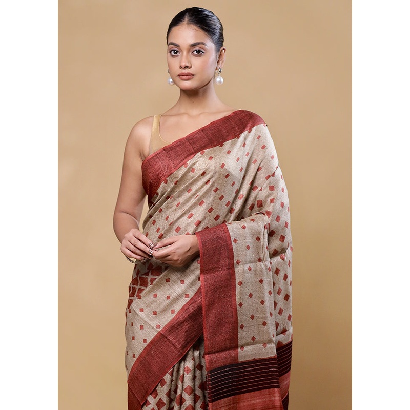 Cream Handloom Tussar Pure Silk Saree With Blouse Piece - JD986605830