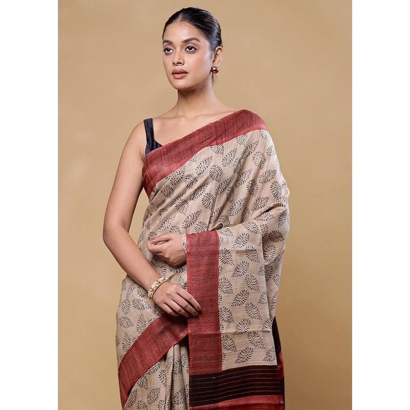 Cream Handloom Tussar Pure Silk Saree With Blouse Piece - JD986605831