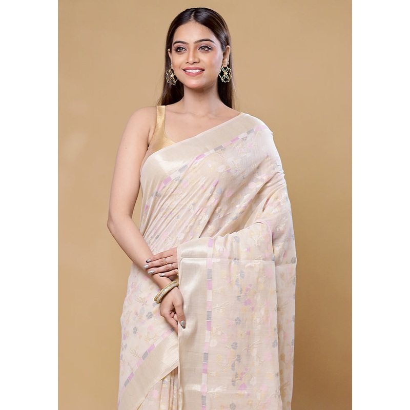 Cream Kora Silk Saree With Blouse Piece - JD986605878