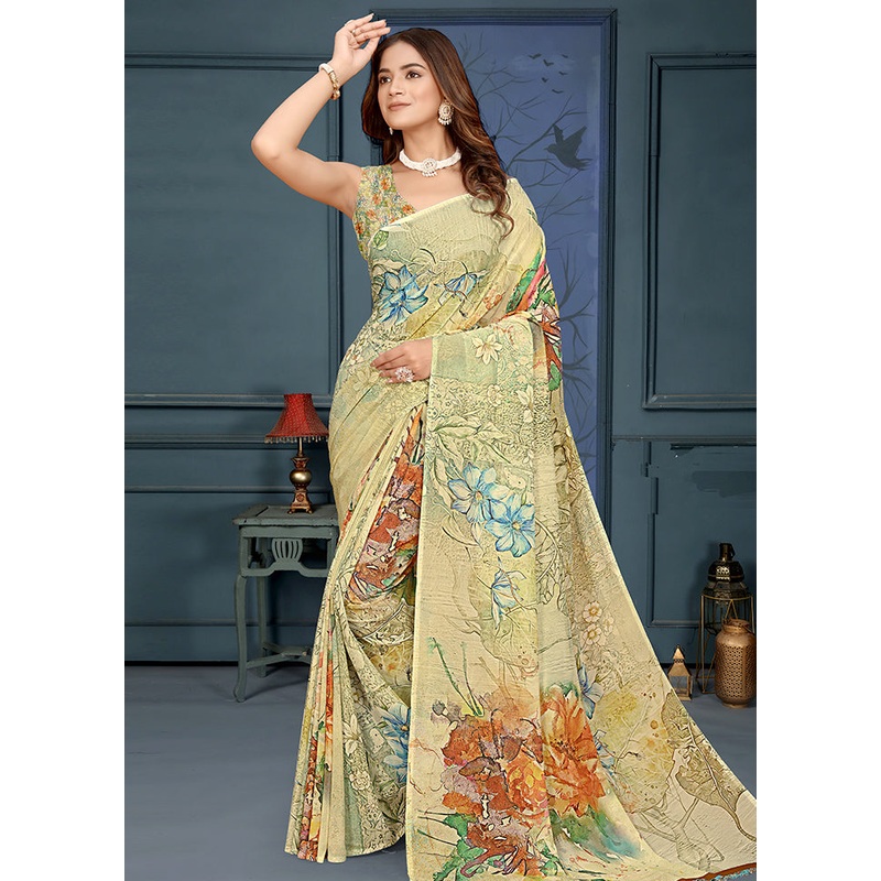 Cream Spun Silk Saree With Blouse Piece - JD986605721