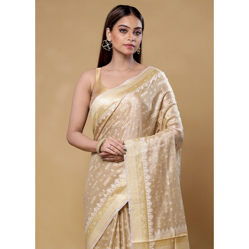 Cream Tissue Silk Saree With Blouse Piece - JD986605877