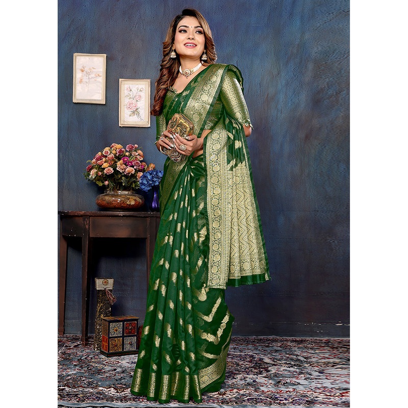 Dark Green Organza Saree With Blouse Piece - JD986605719