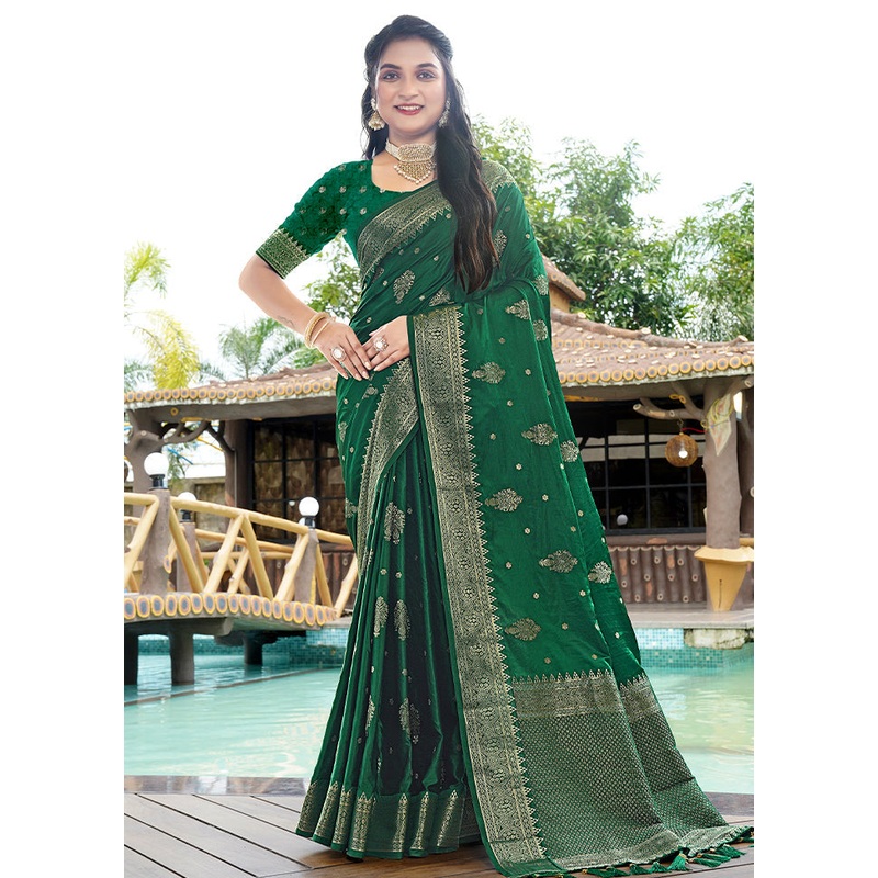 Dark Green Satin Silk Saree With Blouse Piece - JD986605717