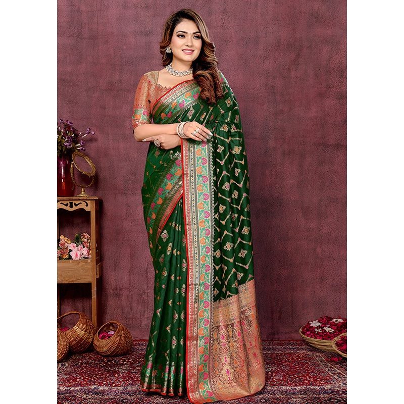 Dark Green Spun Silk Saree With Blouse Piece - JD986605716