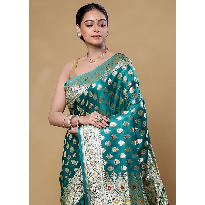 Green Banarasi Silk Saree With Blouse Piece - JD986605876